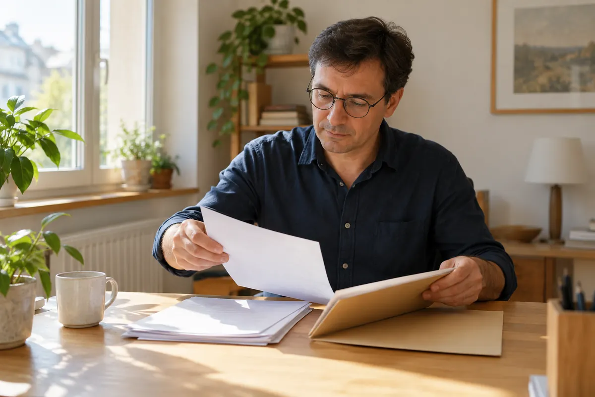 Мъж с очила подрежда листове в папка на домашно бюро.