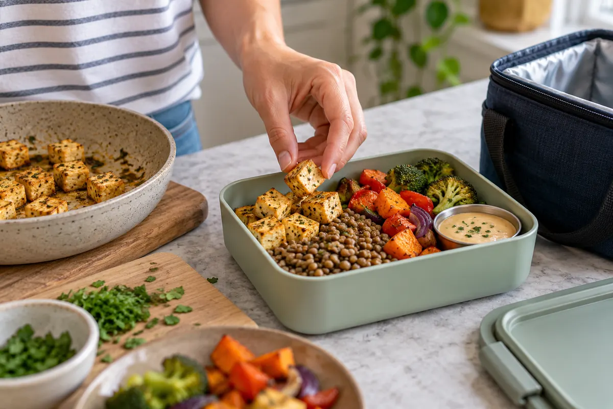 Ръка добавя кубче тофу в кутия с леща, печени зеленчуци и отделен сос.